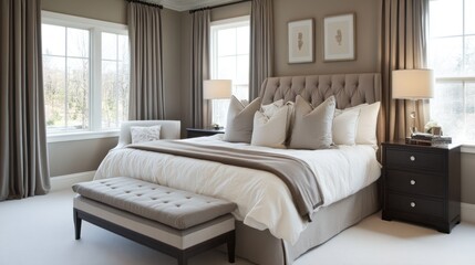 Serene bedroom ambiance with tufted headboard and soothing neutral color palette
