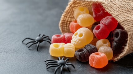 Colorful Halloween Candy with Spooky Skull Shapes and Small Plastic Spiders on Dark Background