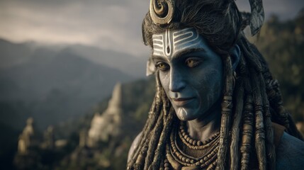 Fototapeta premium Shiva stands majestically in a serene mountainous landscape during twilight, showcasing beauty and tranquility of divinity
