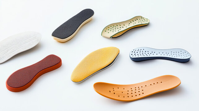 Various colorful insoles display innovative designs and materials. They offer diverse orthopedic solutions for footwear comfort.
