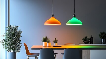 Interior scene with colorful pendant lights above a dining table setting