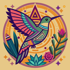 Graceful hummingbird design with colorful Aztec inspired elements, ideal for logos, apparel or print designs showcasing nature