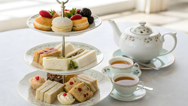 Flatlay of Traditional English Afternoon Tea with Tiered Tray and Teapot. Perfect for: Mother's Day, Queen&rsquo;s Jubilee, English garden parties