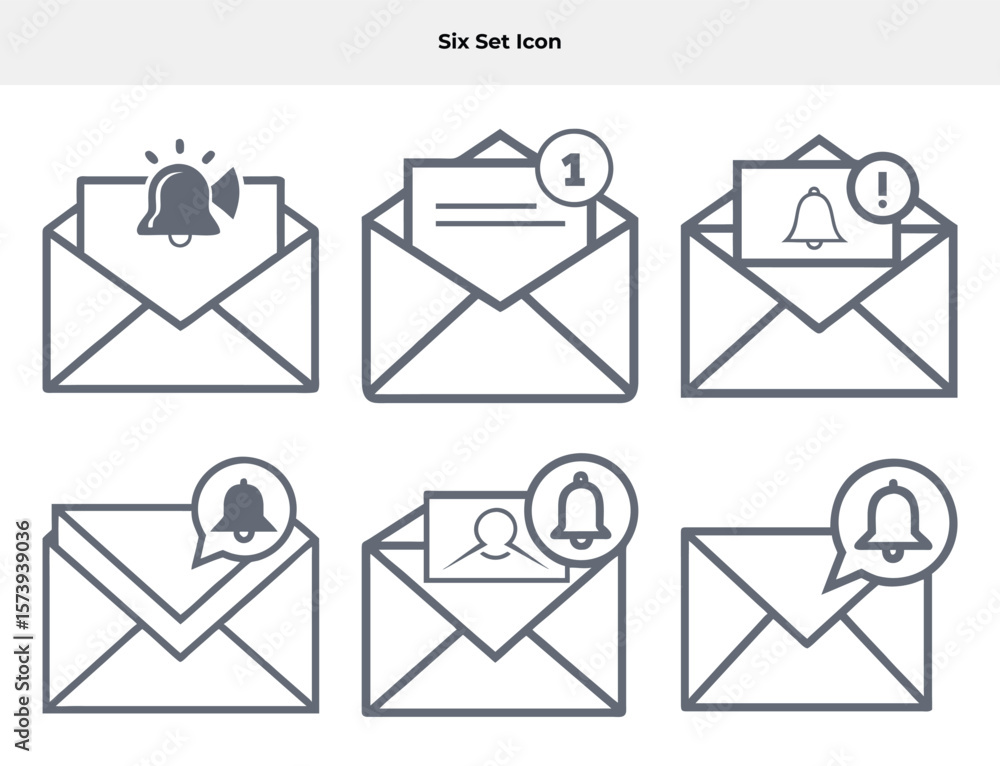 Poster six set icon envelope and notification icon set representing messages and alerts