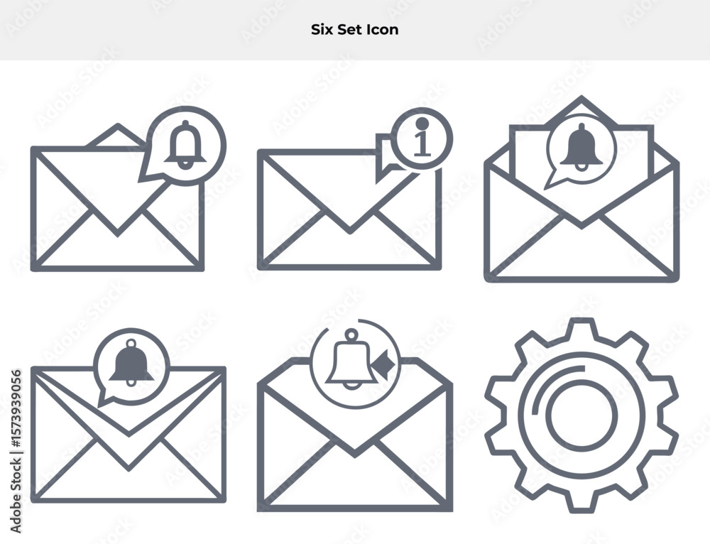 Poster six set icon elegant icon set depicting mail notifications and settings functionality for applicatio