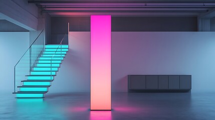 Interior with illuminated stairs and a tall gradient light panel in a room