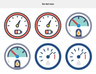 Six set icon A collection of six unique gauge meter icons with battery fuel indicators