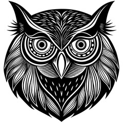 Detailed Owl Head Illustration – Black and White Bird of Prey Vector