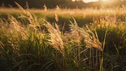 Golden hour in a grassy meadow with tall wild grass waving in the breeze. Warm, golden sunlight, soft focus, and dreamy mood. No human presence. Ideal for mindfulness visuals, outdoor lifestyle  