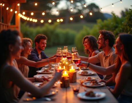 Happy friends having fun outdoor Group of  friends having backyard dinner party together Young people sitting at bar table toasting wine glasses in vineyards garden  digital ai dreamlike imagery 