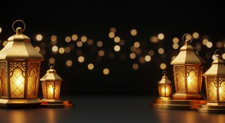 Elegant gold lantern with bokeh lights on dark background