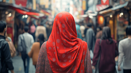 A woman wearing a red headscarf is seen from behind, standing amidst a busy street scene with people walking around her, highlighting cultural identity and urban life