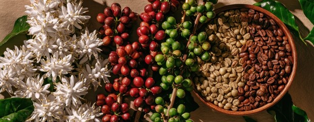 Fototapeta premium The rich variety of coffee beans and blossoms in a beautiful arrangement