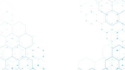 White background featuring blue hexagons and dotted patterns forming a connected molecular-style grid&mdash;ideal for science, medical, or tech-themed layouts.