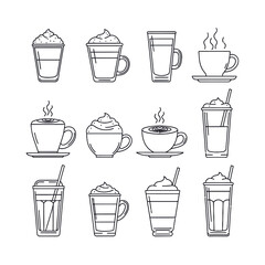 A collection of outlined coffee and drink cups with steam and whipped cream on a white background