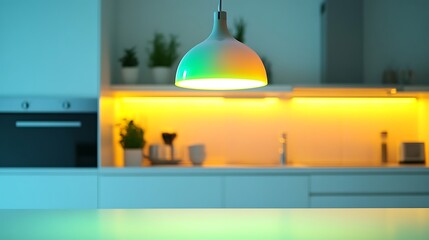 Illuminated kitchen interior with a modern pendant lamp and warm lighting glow
