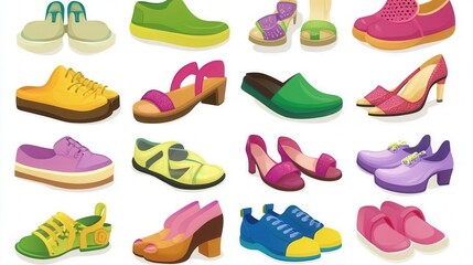 Cartoon shoes illustration showing colorful shoe designs over white background