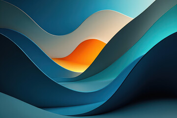 Abstract layered waves in shades of blue white and orange creating a dynamic composition