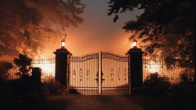 Mysterious fog shrouds ancient iron gates with flickering lights at dusk in an eerie forest setting