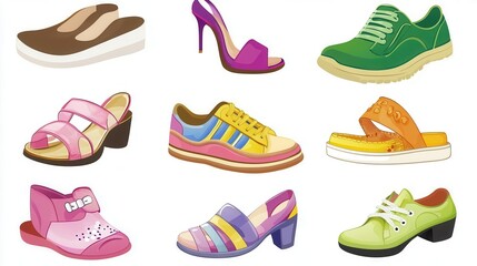 Cartoon shoes illustration showing colorful shoe designs over white background