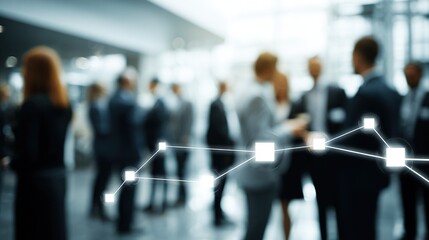 Business Professionals Networking in Modern Office Environment with Digital Connection Graph Overlay for Corporate Strategy and Collaboration