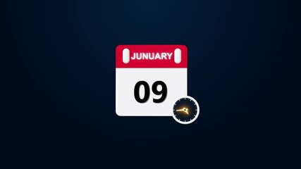 09 January graphic Infrared calendar in futuristic and tech glowing,  January 9. Calendar appearing with the date January 9,chroma key ,calendar icon monthly Clock countdown timer icon 4k video.