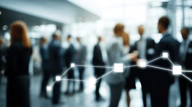 Business Professionals Networking in Modern Office Environment with Digital Connection Graph Overlay for Corporate Strategy and Collaboration - Powered by Adobe