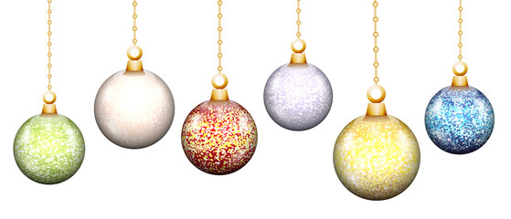 Colorful christmas baubles hanging from golden strings