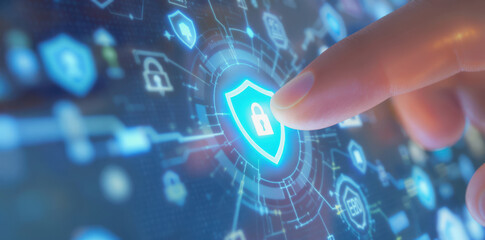 Finger touching digital security shield icon on screen