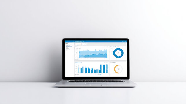  laptop displays business analytics dashboards with charts and graphs on a minimalist white desk against a plain background.