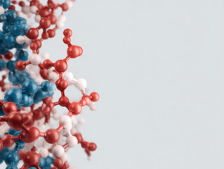  3D model of a DNA double helix with red, blue, and white molecular structures on a light gray background.