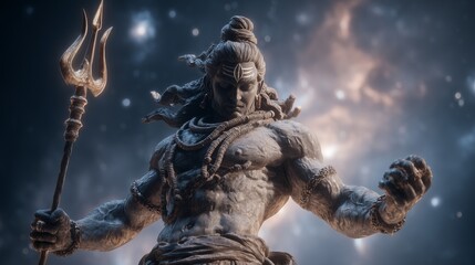 Fototapeta premium Shiva stands majestically with a trident against a cosmic backdrop during a celestial event