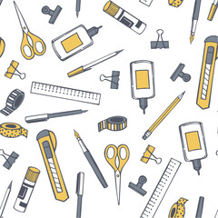 Hand-drawn office supplies. Vector seamless pattern. 