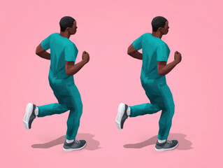  low-poly style illustration of a male runner in teal athletic wear jogging against a pink background.
