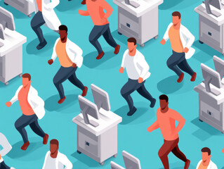 Scientists in lab coats running rapidly through a laboratory filled with computer workstations.