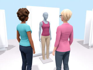 Two women observe a mannequin dressed in casual clothing, seemingly evaluating fashion or style in a minimalist white room setting.