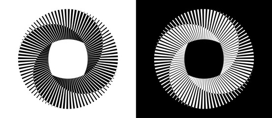 Abstract background with lines in circle. Art design spiral as logo or icon with 4 parts. A black figure on a white background and an equally white figure on the black side.
