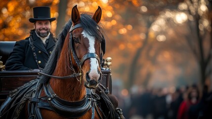 Obraz premium A stylish driver in a top hat steers a horse-drawn carriage through a colorful autumn landscape of golden leaves