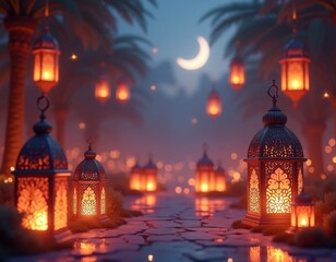 Fototapeta premium Ramadan Lantern decoration background 3d rendering dreamlike imagery subconscious exploration bending reality imaginative narratives juxtaposing elements evoking wonder and awe transcending b