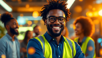 Smiling Worker Wearing Neon Vest with Diverse Team in Warm Office