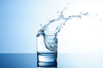 Water splashing out of a clear glass on a reflective surface against a blue and white background