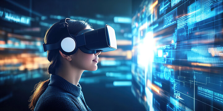 A person wearing AR glasses travels in the virtual world 