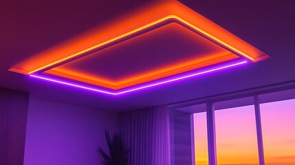 A modern room with a rectangular ceiling light emitting orange and purple glow