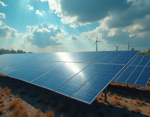 Solar cell in solar farm Alternative energy and sustainable energy photovoltaic Pure energy renewable clean energy solar energy reduce global warming environment green energy generate by AI