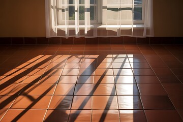 Sunlight streaming through sheer curtains casting striped shadows on terracotta tiled floor