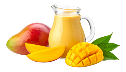 Chilled Mango Shake Served in Jug with Fresh Mango Slice on White Background