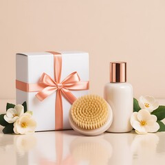 Luxury spa gift set with body brush lotion bottle and flowers