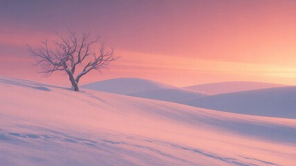 Bare tree stands tall in a snowy landscape under a pink and orange sunset sky