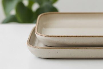 Two stacked square ceramic plates with a natural earthy tone and brown rim
