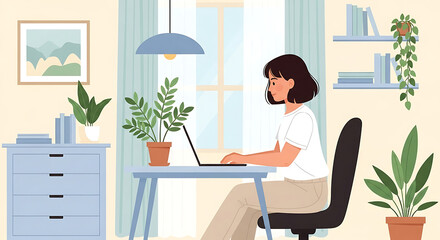 Woman Working from Home in a Cozy and Productive Workspace